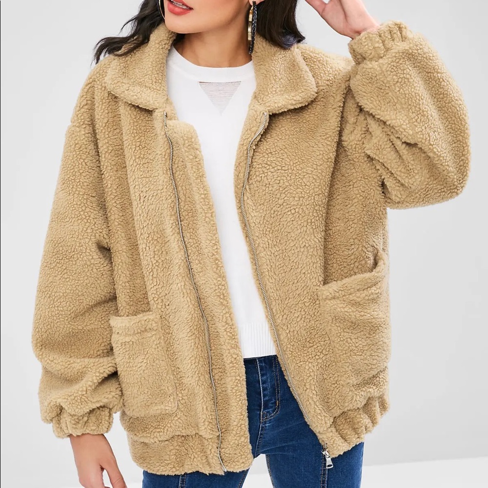 ZAFUL Fluffy Zip Up Winter Teddy Coat - Camel Brown